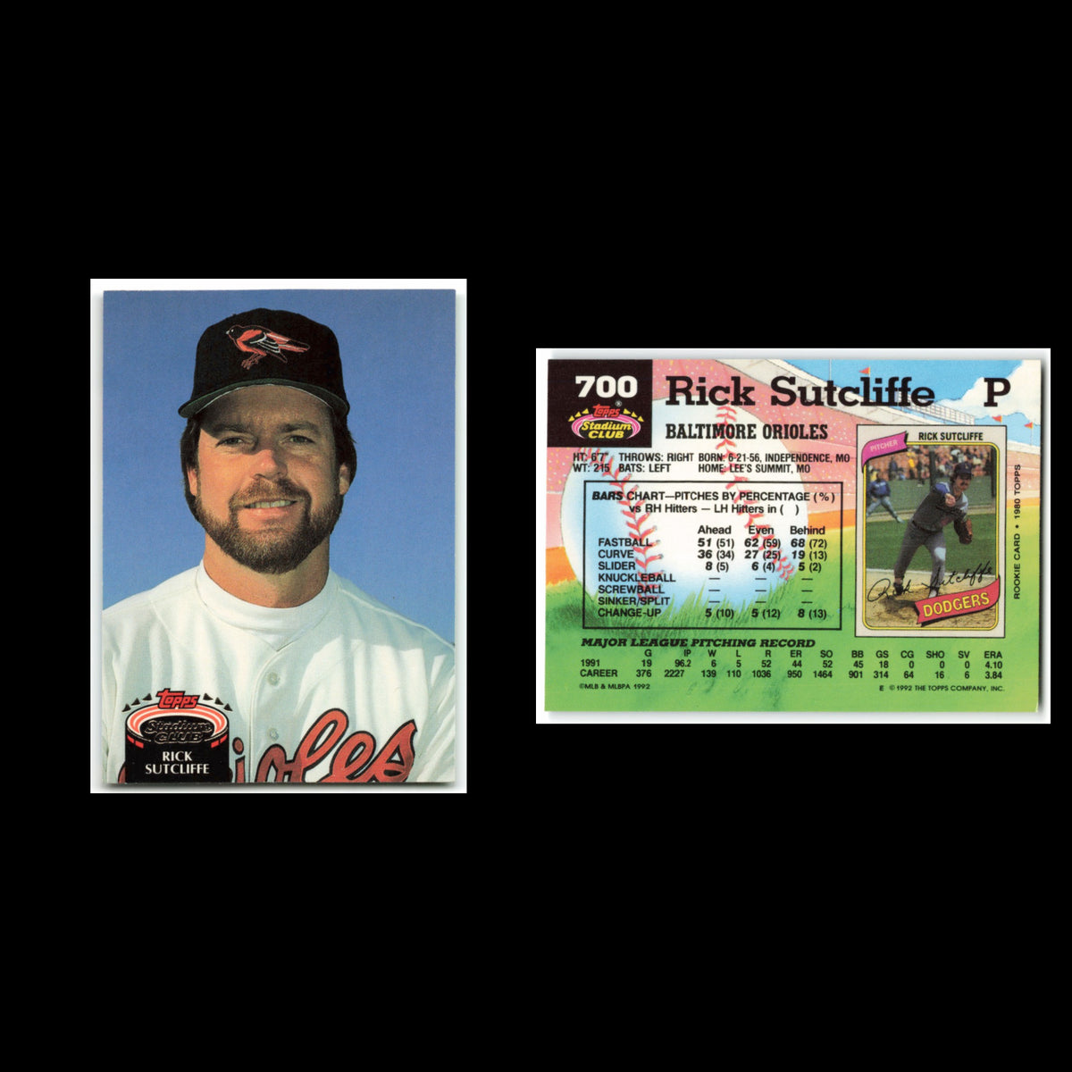 Rick Sutcliffe #700 1992 Topps Stadium Club Baltimore Orioles Baseball Card MLB