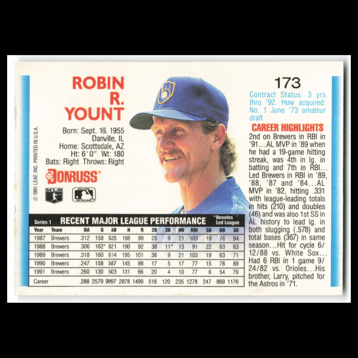 Robin Yount #173 1992 Donruss Milwaukee Brewers Baseball Card MLB NM