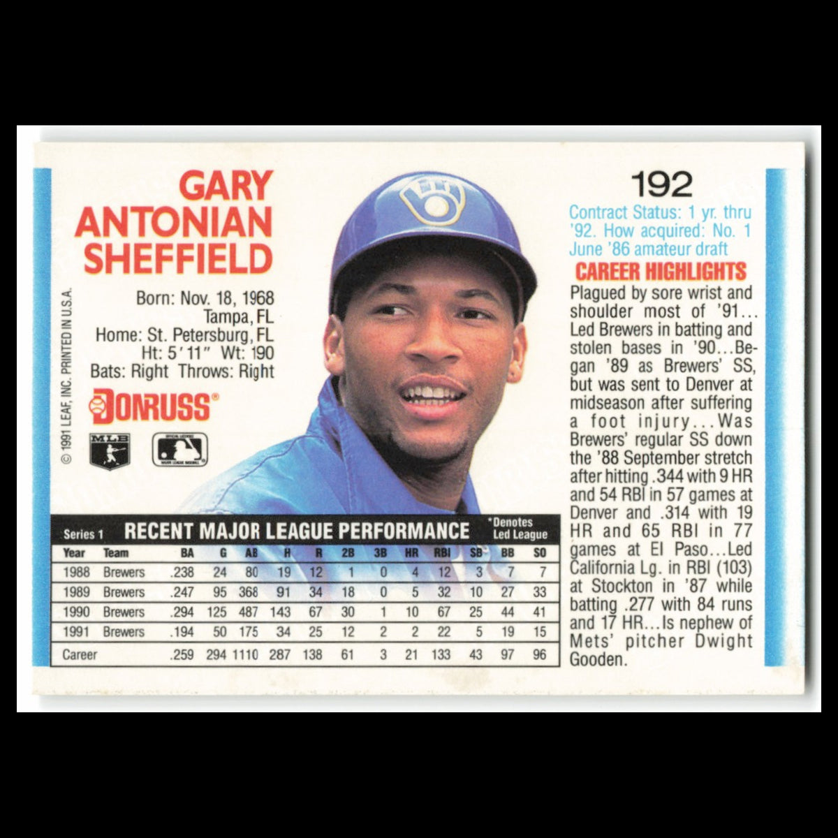 Gary Sheffield #192 1992 Donruss Milwaukee Brewers Baseball Card MLB NM