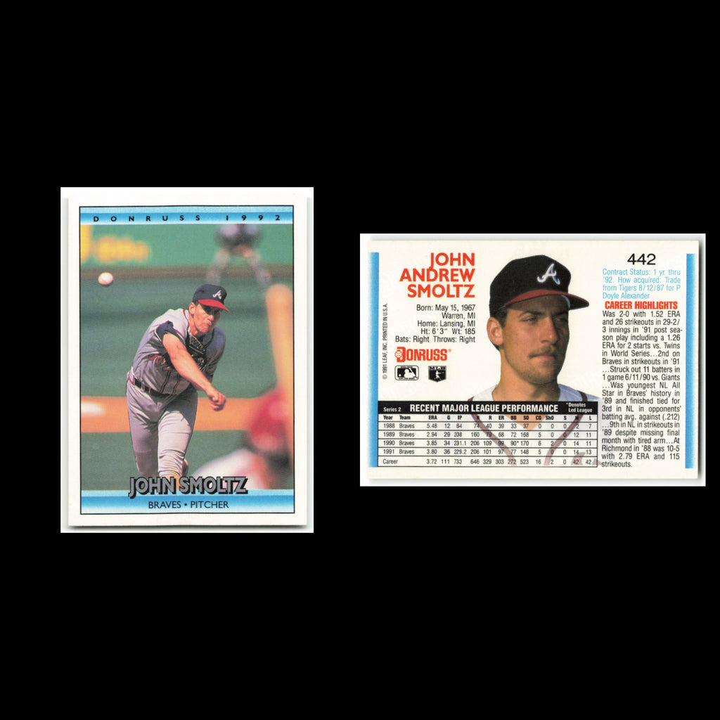 John Smoltz #442 1992 Donruss Atlanta Braves Baseball Card MLB NM