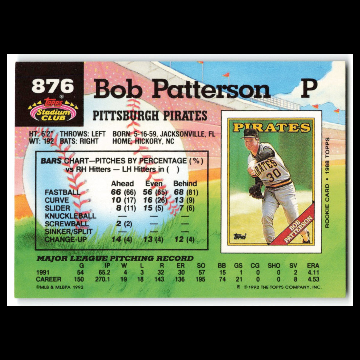 Bob Patterson #876 1992 Topps Stadium Club Pittsburgh Pirates Baseball Card MLB