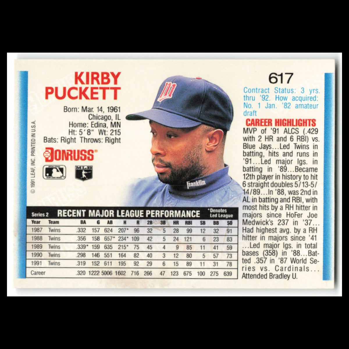 Kirby Puckett #617 1992 Donruss Minnesota Twins Baseball Card MLB NM