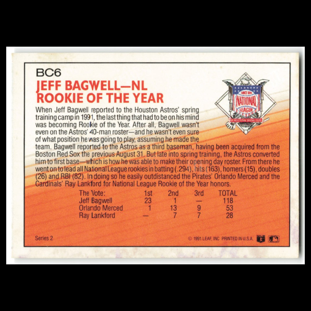 Jeff Bagwell #BC6 1992 Donruss Houston Astros Baseball Card MLB NM