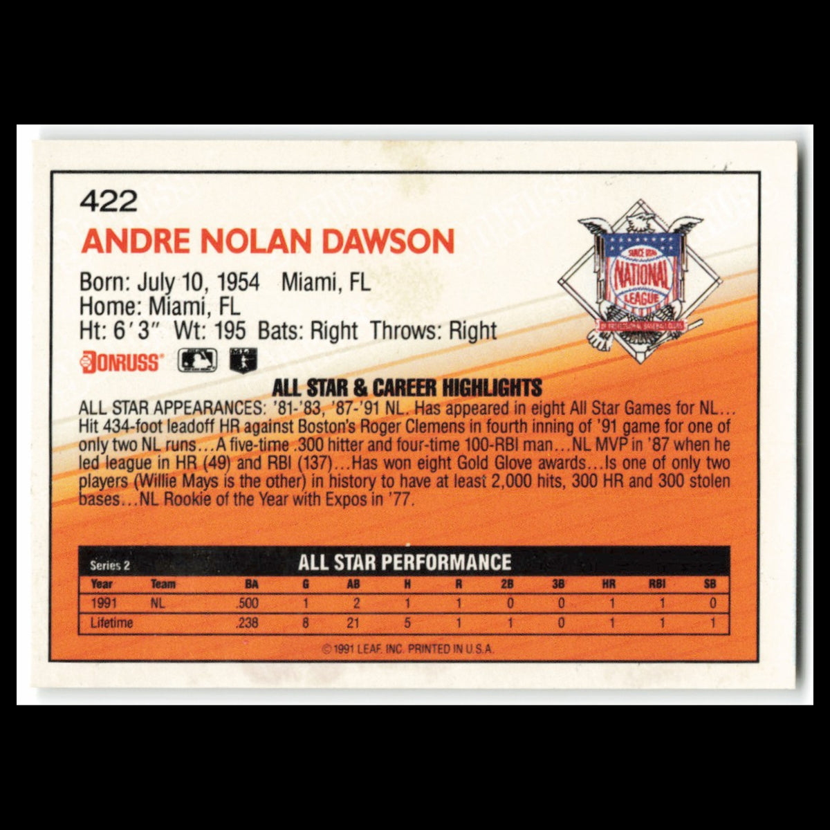 Andre Dawson #422 1992 Donruss Chicago Cubs Baseball Card MLB NM