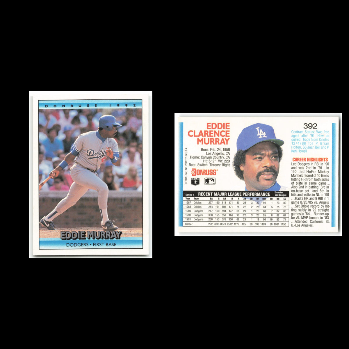 Eddie Murray #392 1992 Donruss Los Angeles Dodgers Baseball Card MLB NM