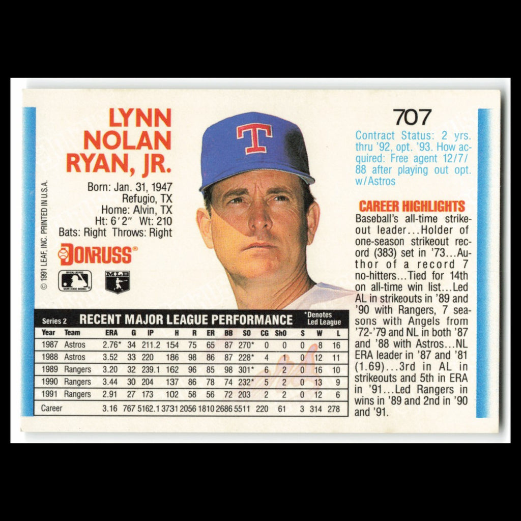 Nolan Ryan #707 1992 Donruss Texas Rangers Baseball Card MLB NM