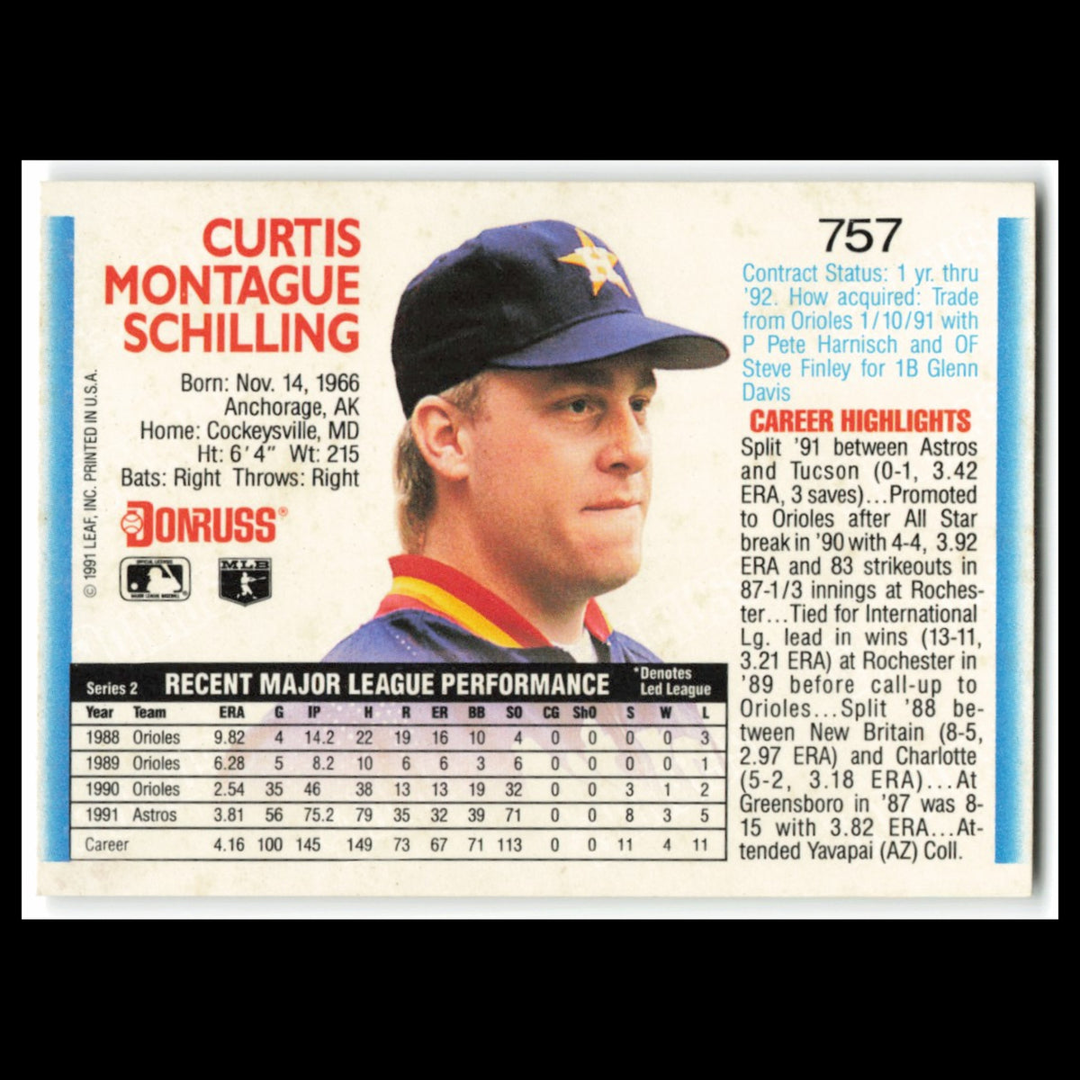 Curt Schilling #757 1992 Donruss Houston Astros Baseball Card MLB NM