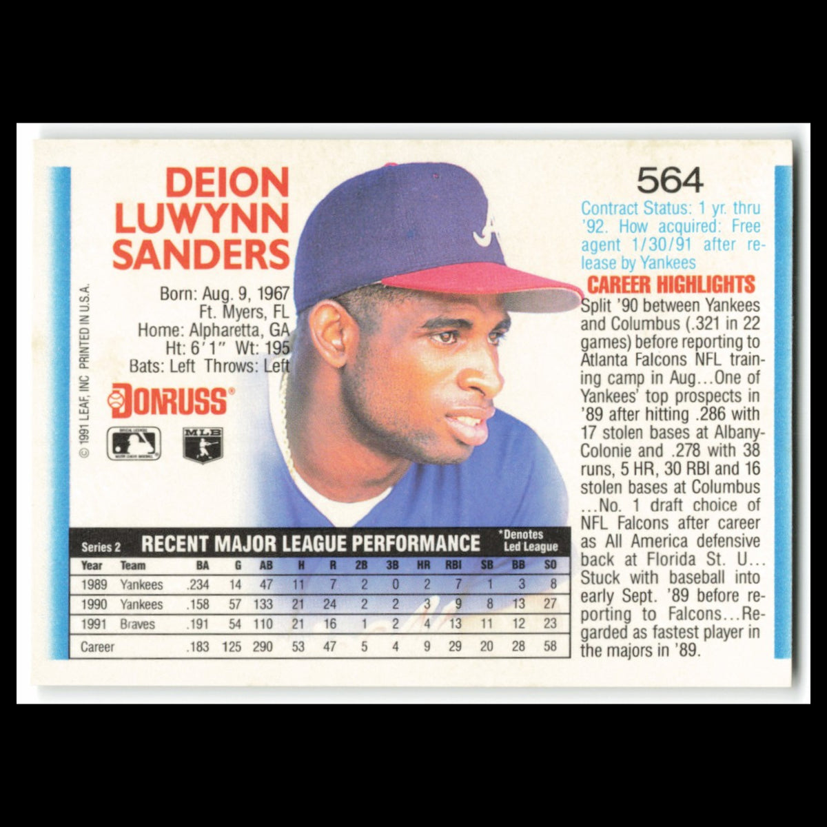 Deion Sanderss #564 1992 Donruss Atlanta Braves Baseball Card MLB NM