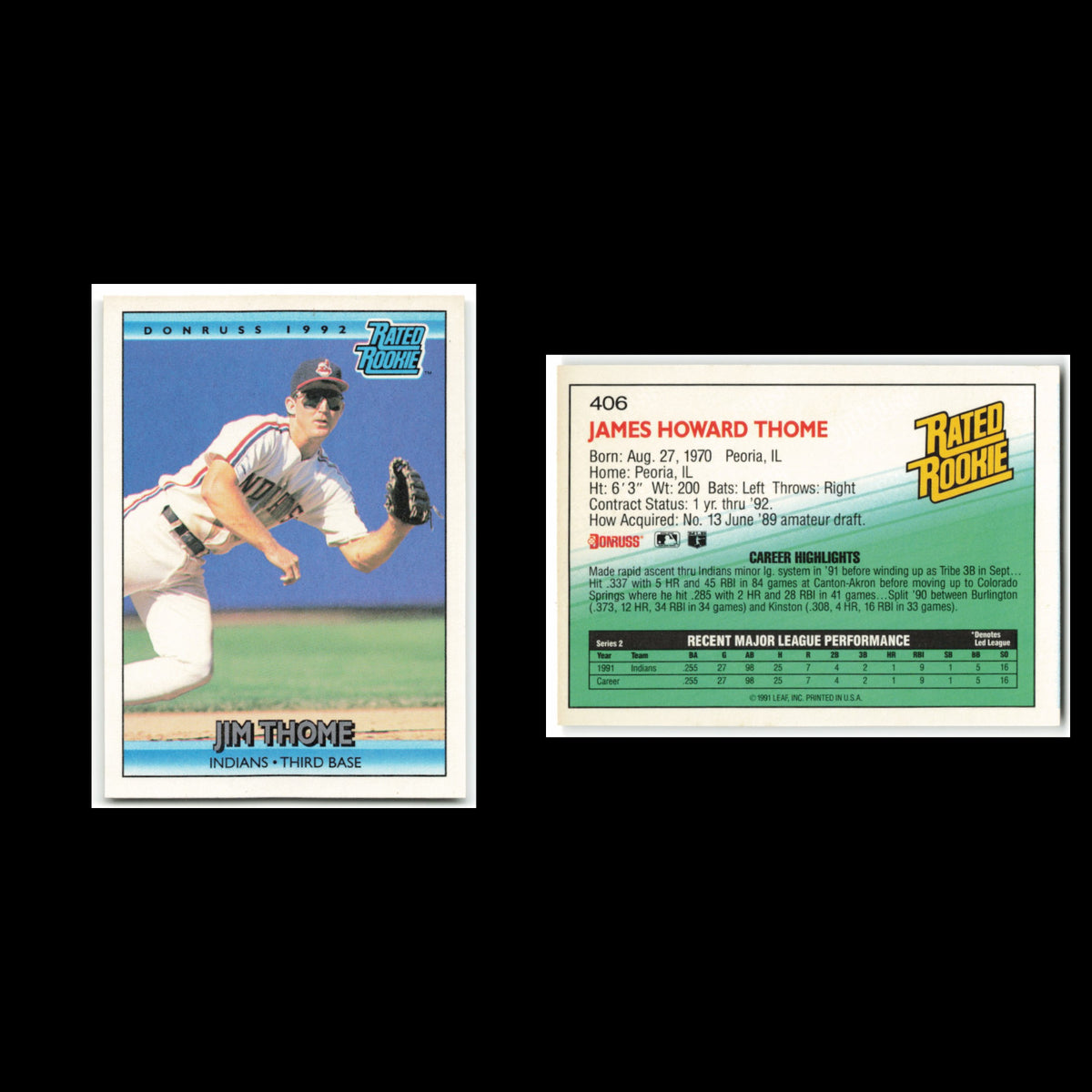 Jim Thome Rookie #406 1992 Donruss Cleveland Indians Baseball Card MLB NM