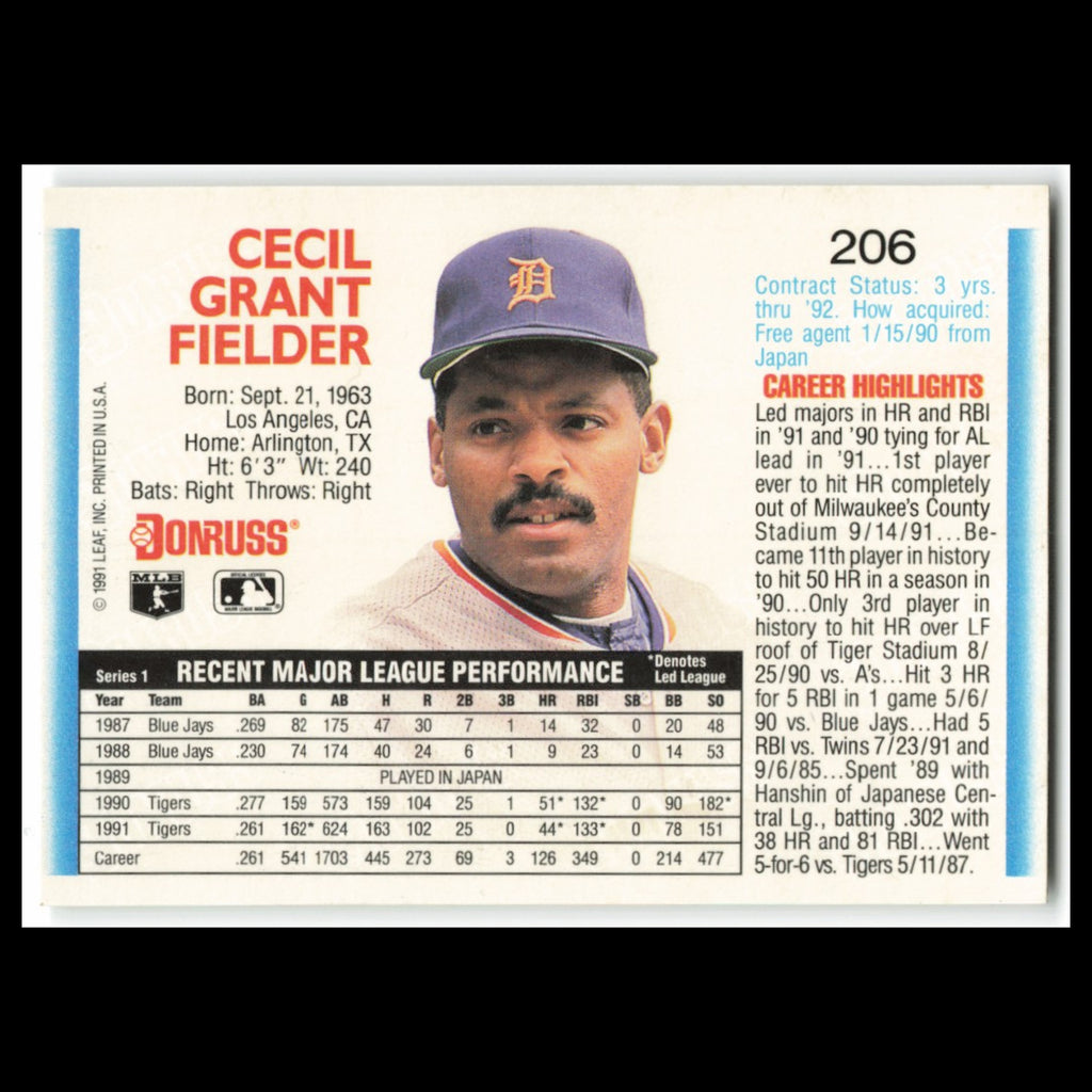 Cecil Fielder #206 1992 Donruss Detroit Tigers Baseball Card MLB NM