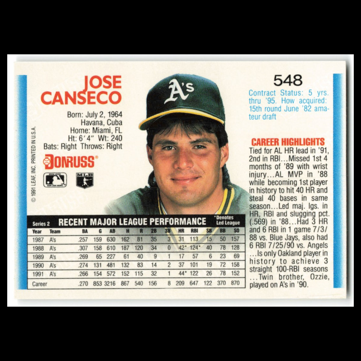 Jose Canseco #548 1992 Donruss Oakland Athletics Baseball Card MLB NM