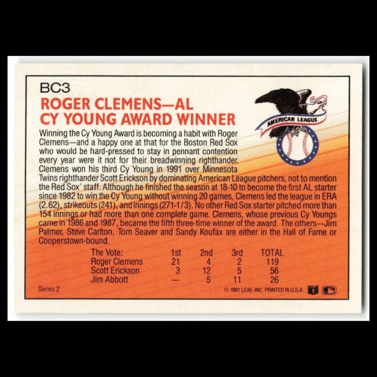 Roger Clemens #BC3 1992 Donruss Boston Red Sox Baseball Card MLB NM