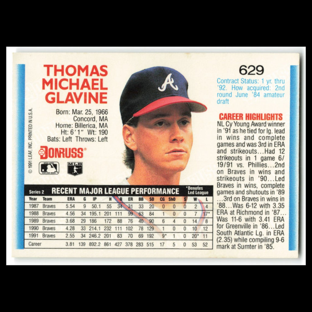 Tom Glavine #629 1992 Donruss Atlanta Braves Baseball Card MLB NM