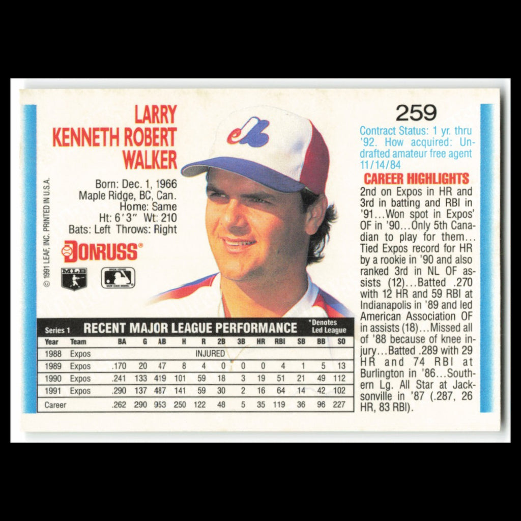 Larry Walker #259 1992 Donruss Montreal Expos Baseball Card MLB NM