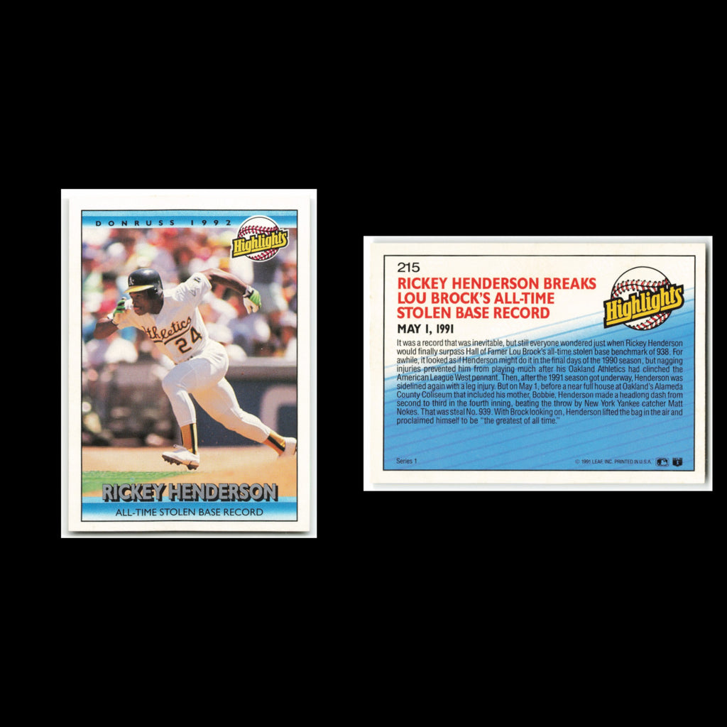 Rickey Henderson #215 1992 Donruss Oakland Athletics Baseball Card MLB NM