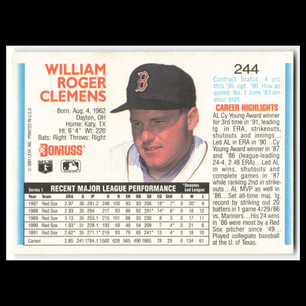 Roger Clemens #244 1992 Donruss Boston Red Sox Baseball Card MLB NM