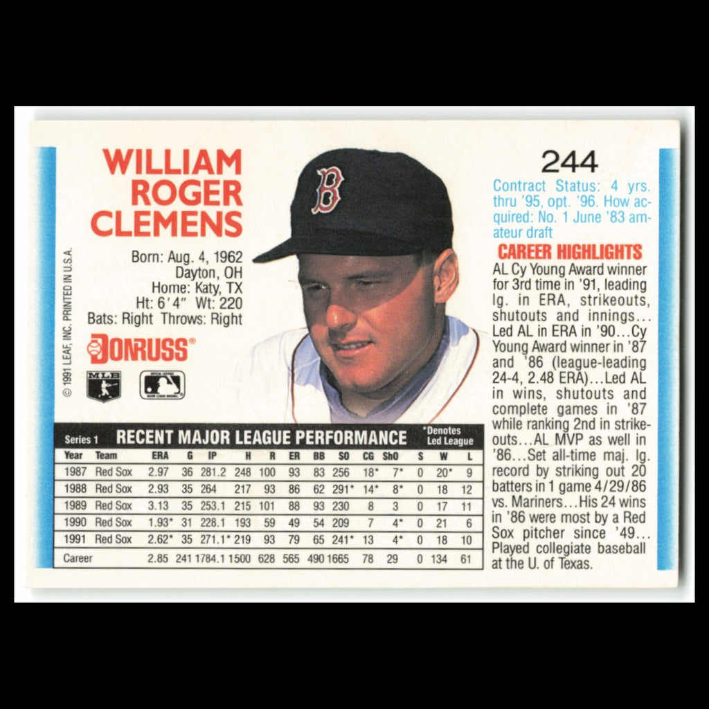 Roger Clemens #244 1992 Donruss Boston Red Sox Baseball Card MLB NM