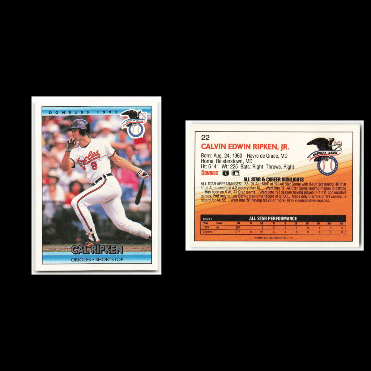 Cal Ripken #22 1992 Donruss Baltimore Orioles Baseball Card MLB NM