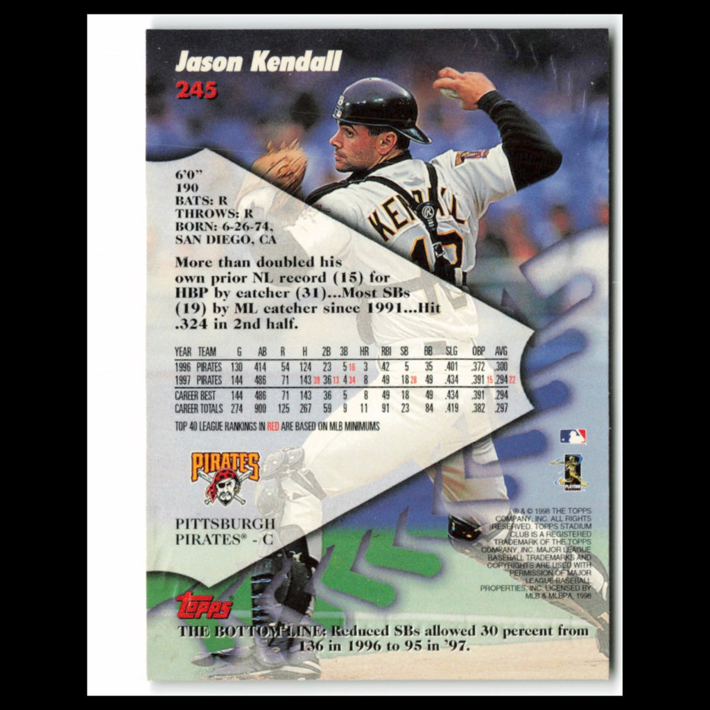 Jason Kendall #245 1998 Topps Stadium Club Pittsburgh Pirates Baseball Card MLB