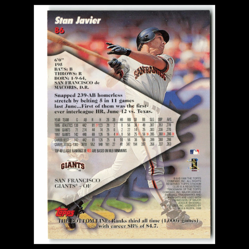 Stan Javier #86 1998 Topps Stadium Club San Francisco Giants Baseball Card MLB