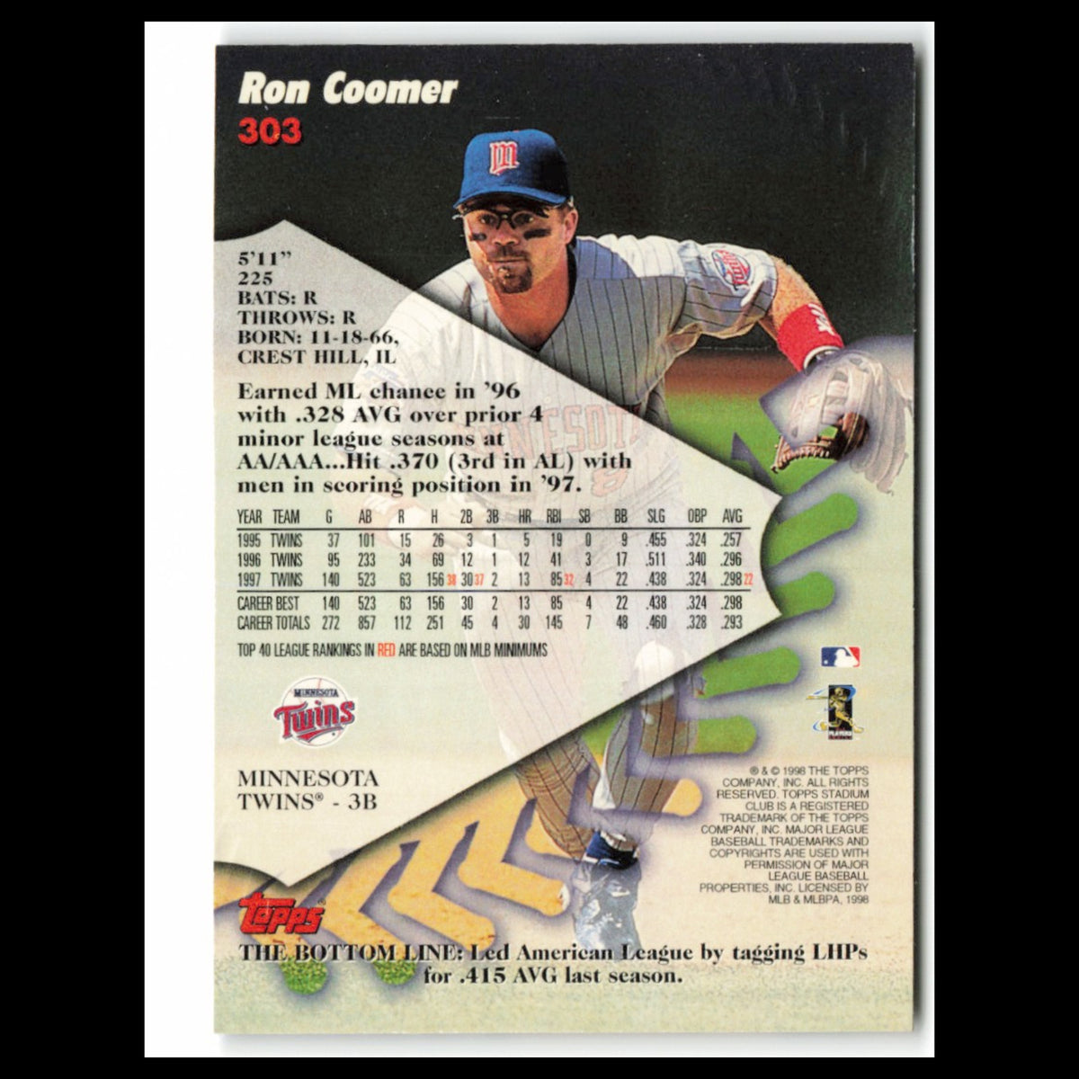 Ron Coomer #303 1998 Topps Stadium Club Minnesota Twins Baseball Card MLB NM
