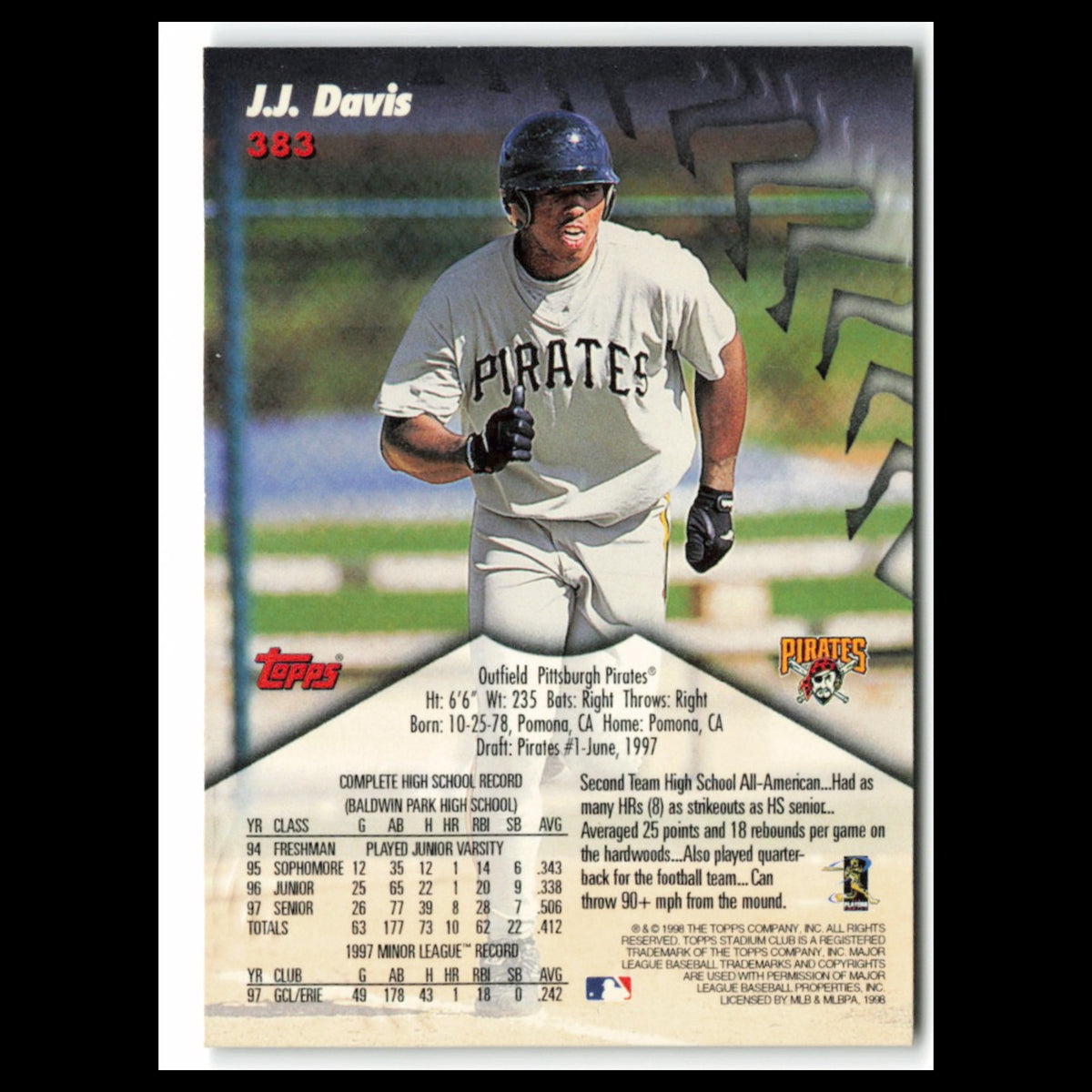 J.J. Davis Rookie #383 1998 Topps Stadium Club Pittsburgh Pirates Baseball Card