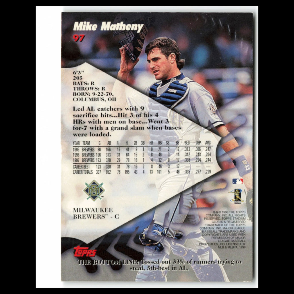 Mike Matheny #97 1998 Topps Stadium Club Milwaukee Brewers Baseball Card MLB NM