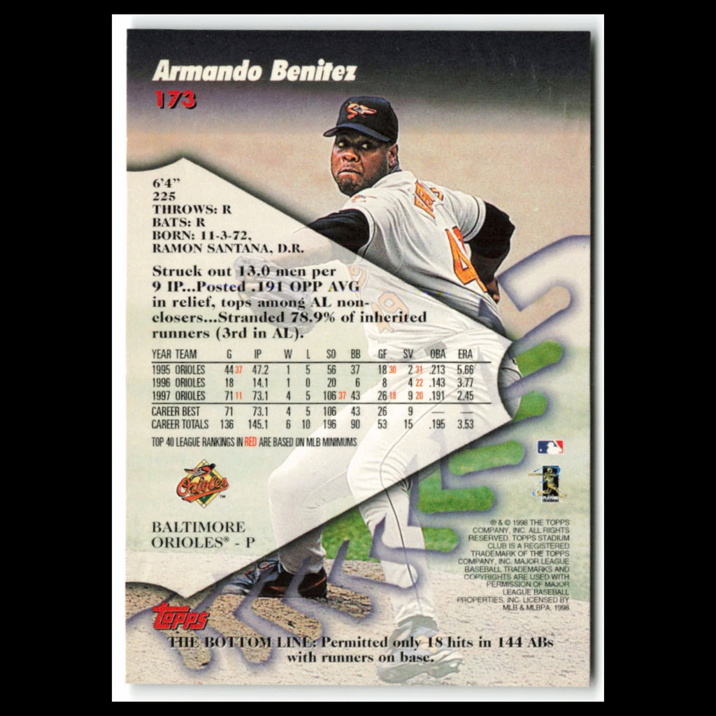 Armando Benitez #173 1998 Topps Stadium Club Baltimore Orioles Baseball Card MLB