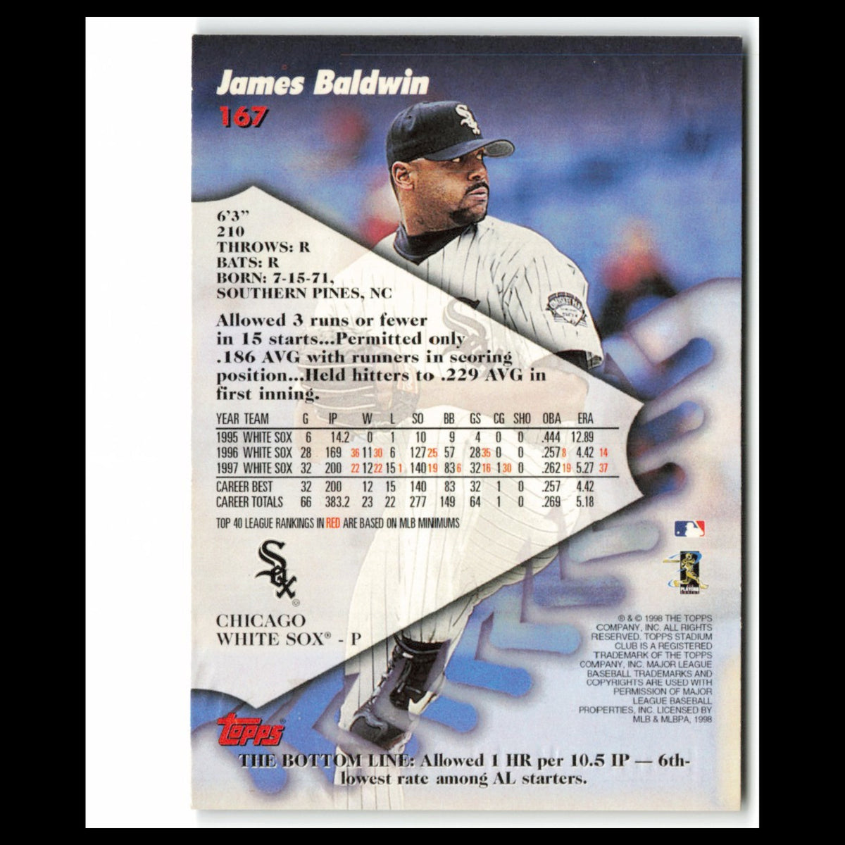 James Baldwin #167 1998 Topps Stadium Club Chicago White Sox Baseball Card MLB