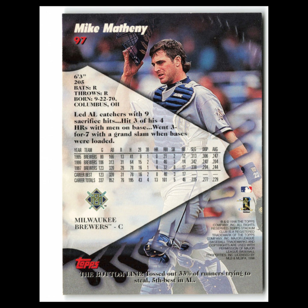 Mike Matheny #97 1998 Topps Stadium Club Milwaukee Brewers Baseball Card MLB NM
