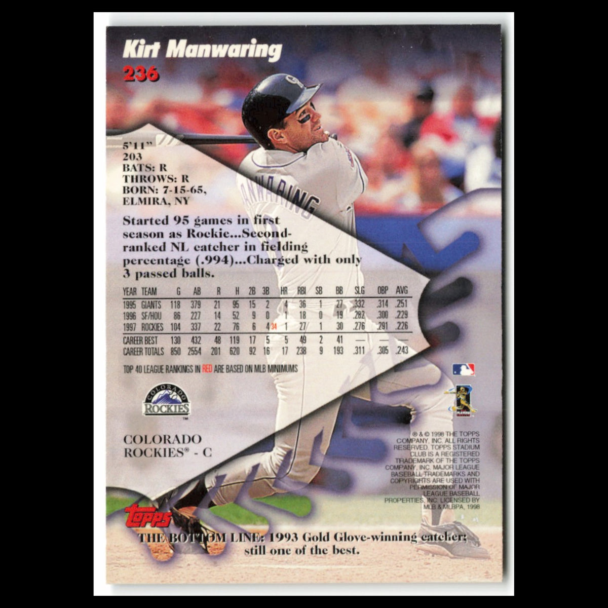 Kirt Manwaring #236 1998 Topps Stadium Club Colorado Rockies Baseball Card MLB