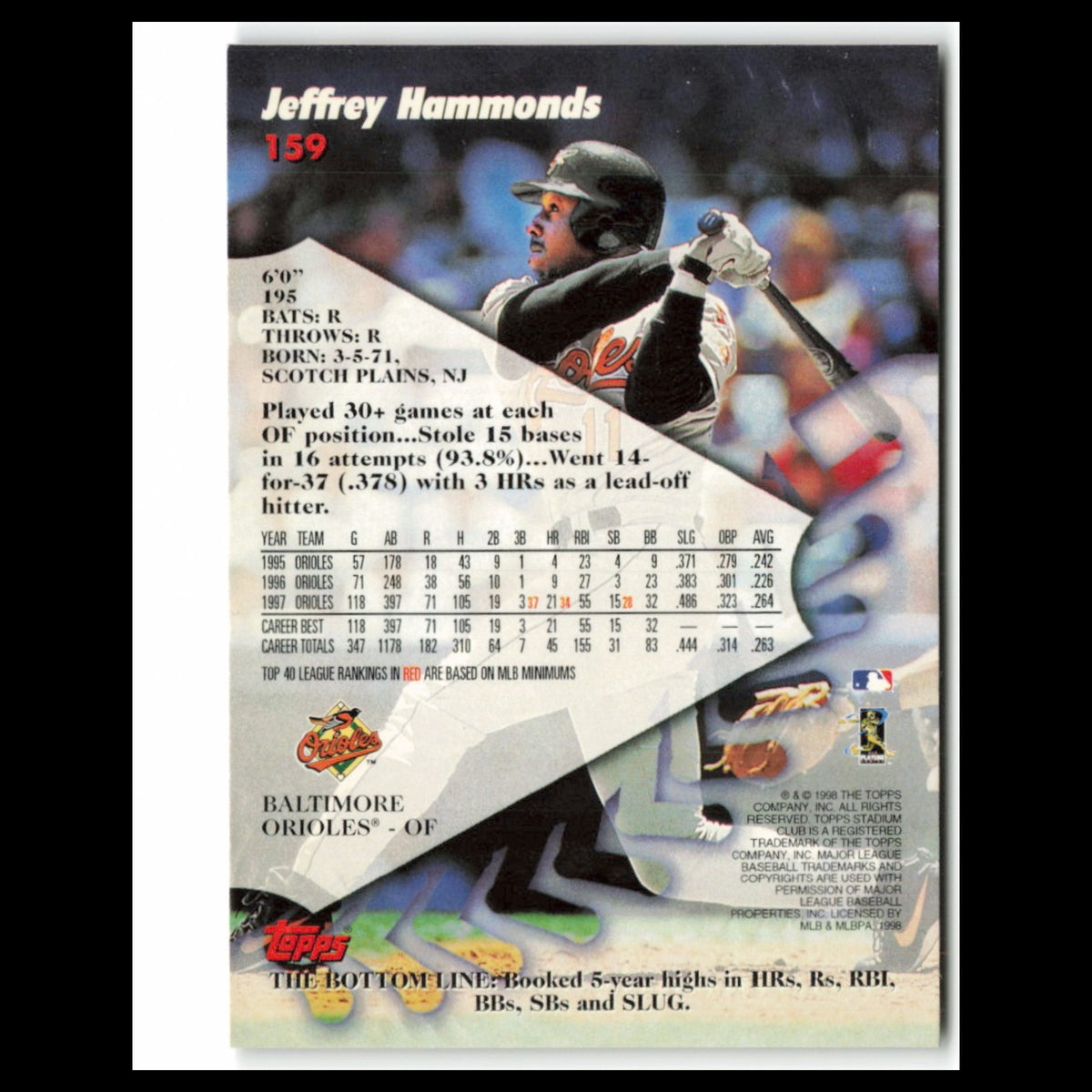 Jeffrey Hammonds #159 1998 Topps Stadium Club Baltimore Orioles Baseball Card NM