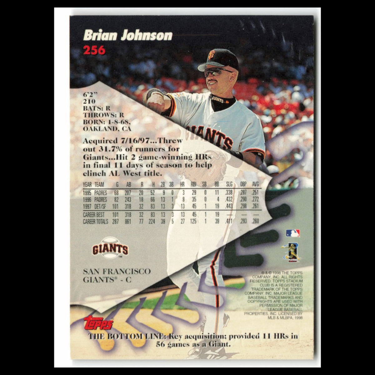 Brian Johnson #256 1998 Topps Stadium Club San Francisco Giants Baseball Card NM