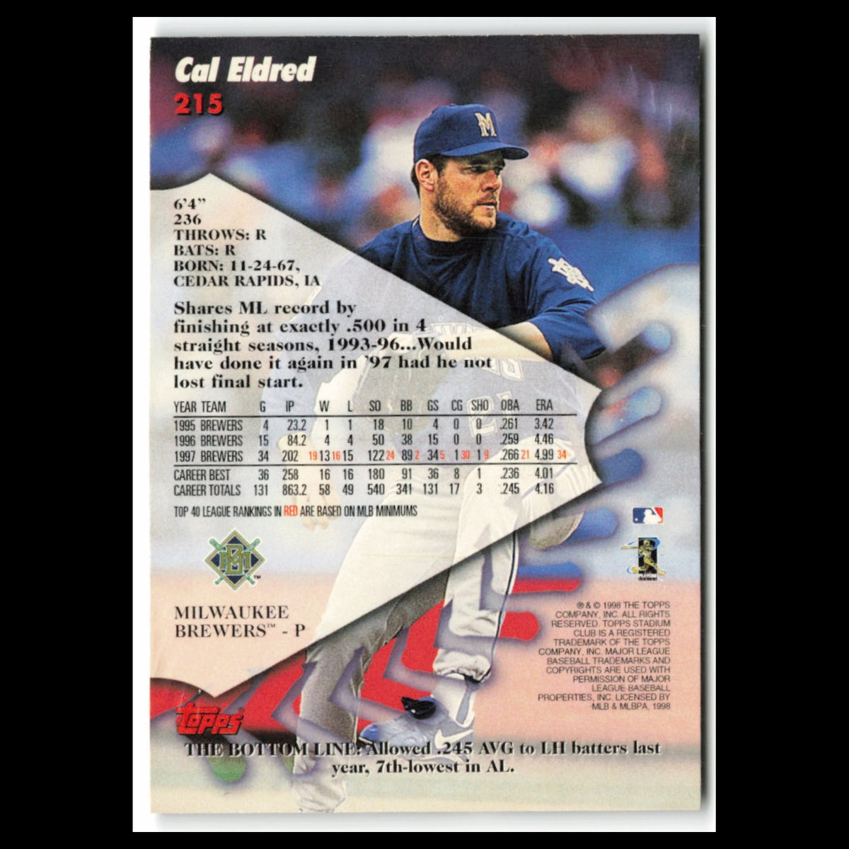 Cal Eldred #215 1998 Topps Stadium Club Milwaukee Brewers Baseball Card MLB NM