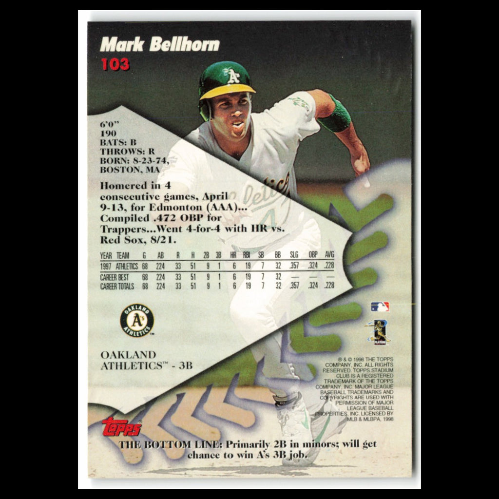 Mark Bellhorn #103 1998 Topps Stadium Club Oakland Athletics Baseball Card MLB