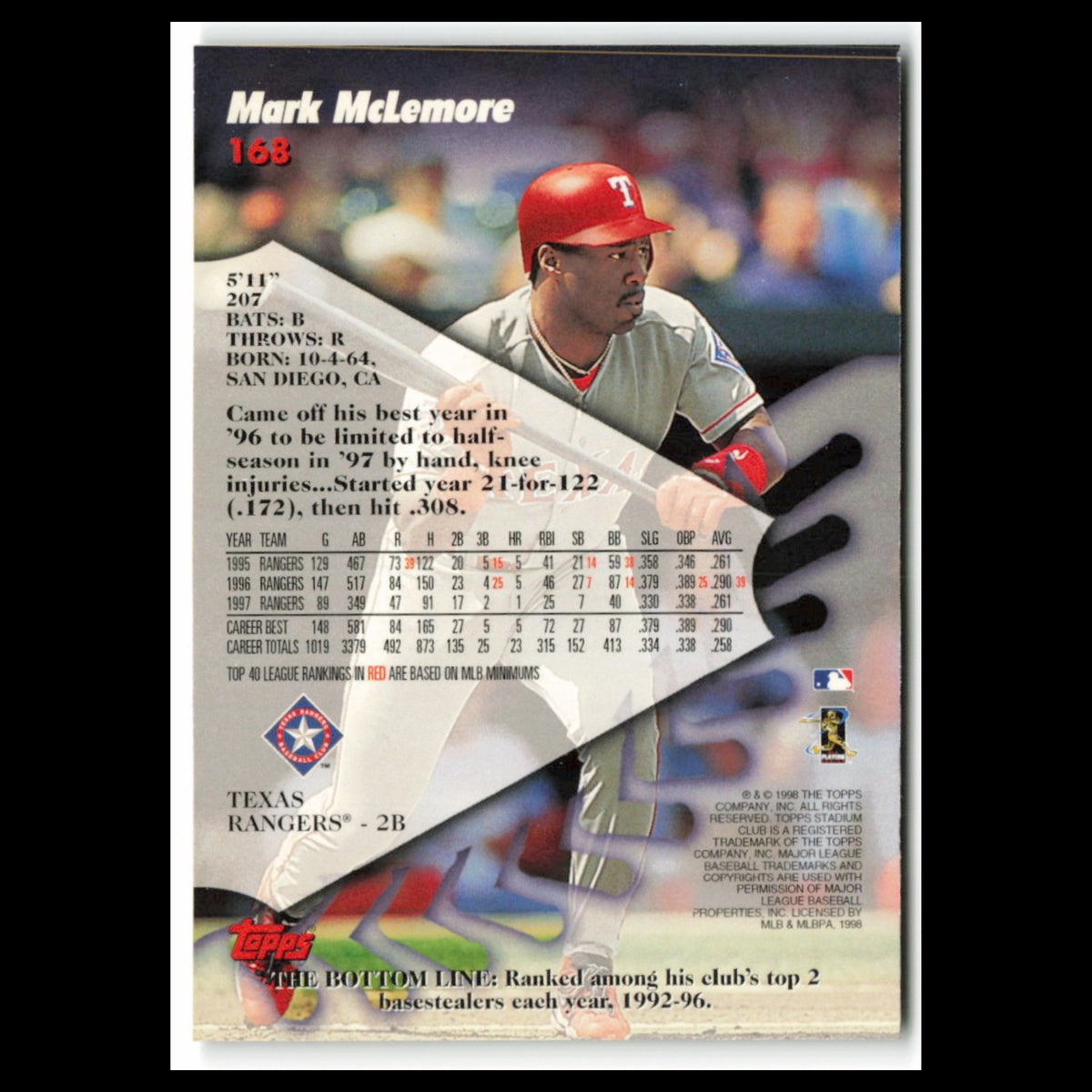 Mark McLemore #168 1998 Topps Stadium Club Texas Rangers Baseball Card MLB NM