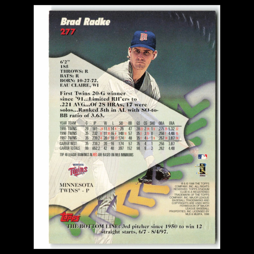 Brad Radke #277 1998 Topps Stadium Club Minnesota Twins Baseball Card MLB NM