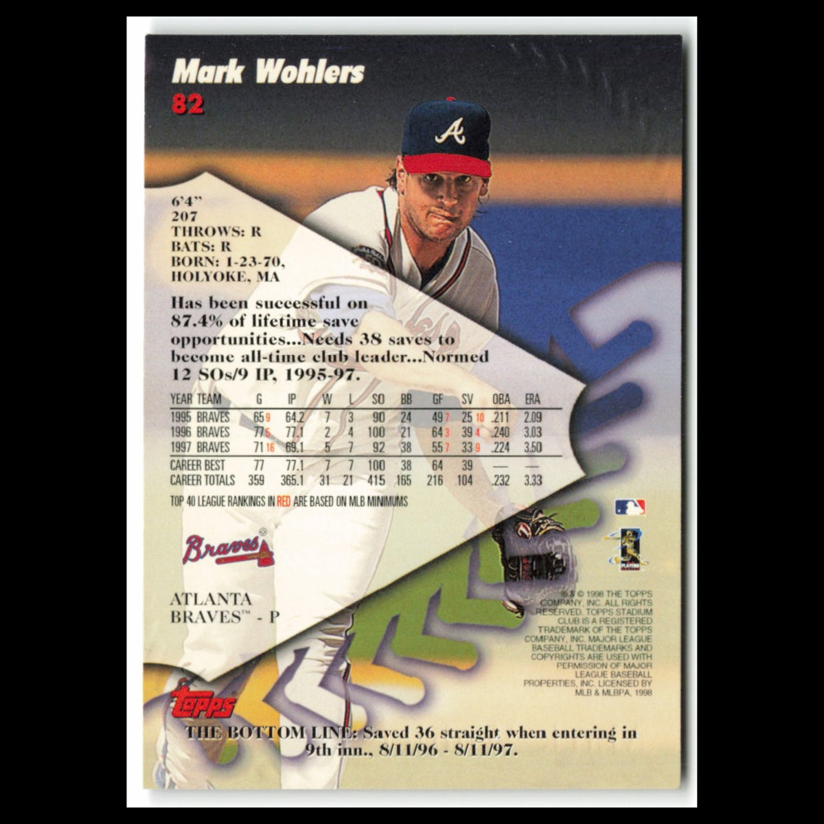 Mark Wohlers #82 1998 Topps Stadium Club Atlanta Braves Baseball Card MLB NM