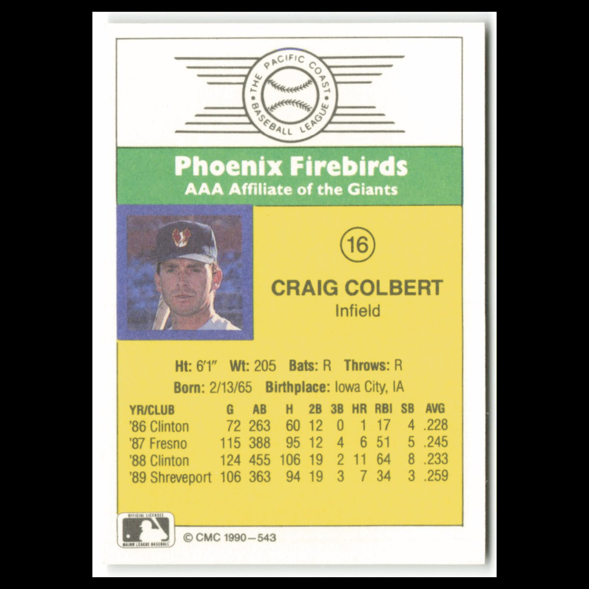 Craig Colbert #16 1990 CMC Pacific Leauge Phoenix Firebirds Baseball Card MLB NM