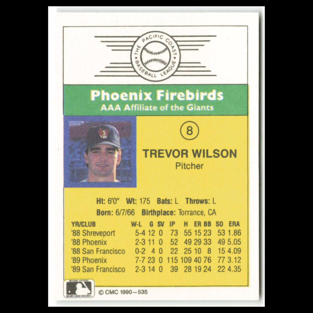 Trevor Wilson #8 1990 CMC Pacific Leauge Phoenix Firebirds Baseball Card MLB NM