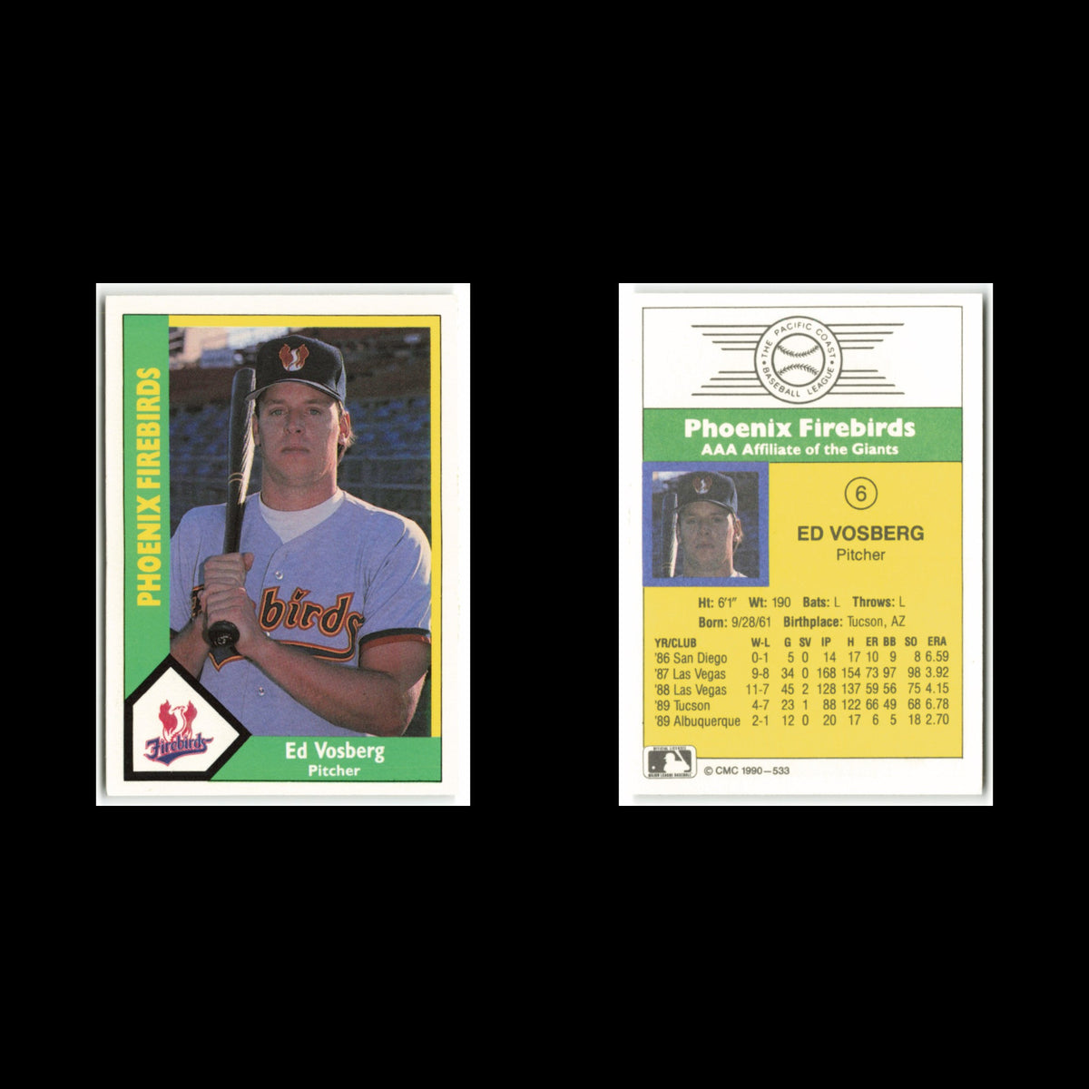 Ed Vosberg #6 1990 CMC Pacific Leauge Phoenix Firebirds Baseball Card MLB NM