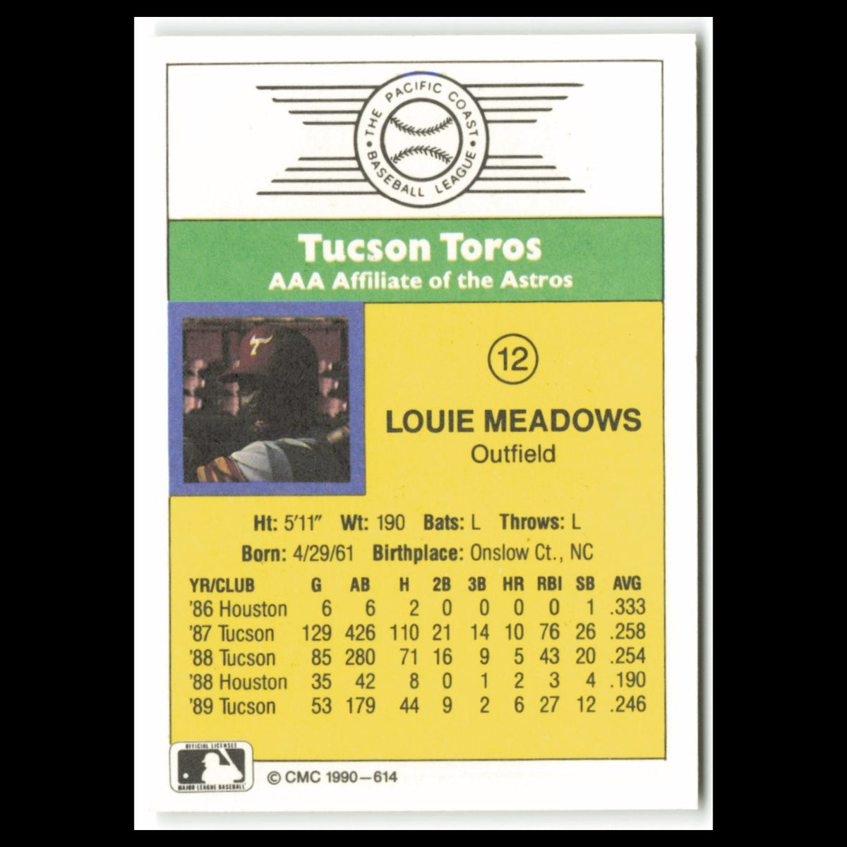 Louie Meadows #12 1990 CMC Pacific Leauge Tucson Toros Baseball Card MLB NM