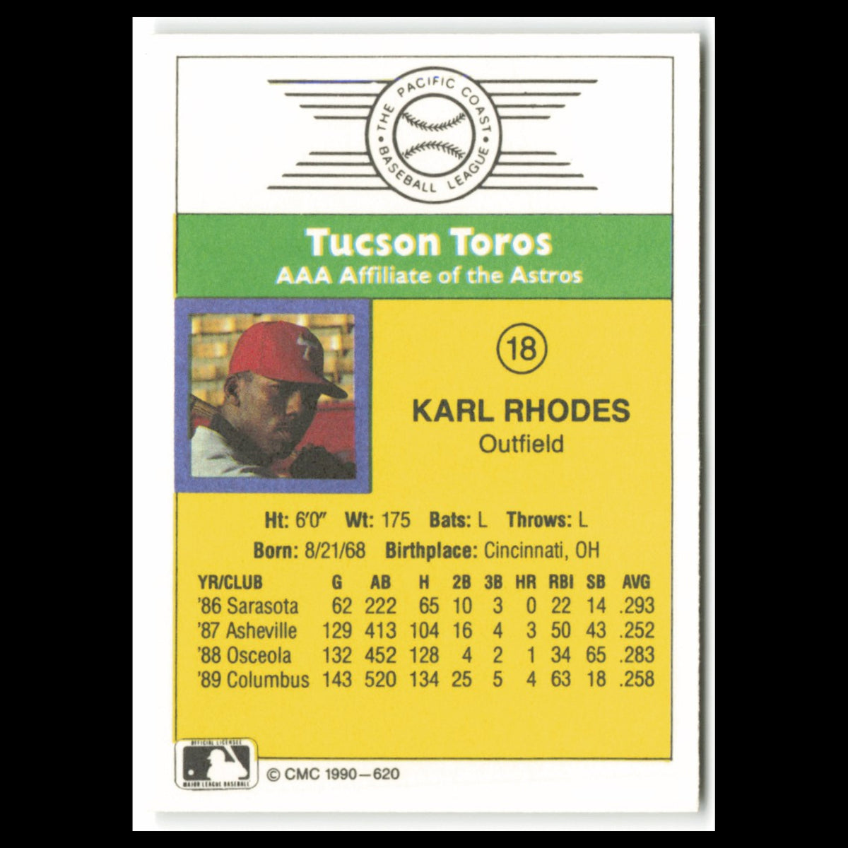 Karl Rhodes #18 1990 CMC Pacific Leauge Tucson Toros Baseball Card MLB NM