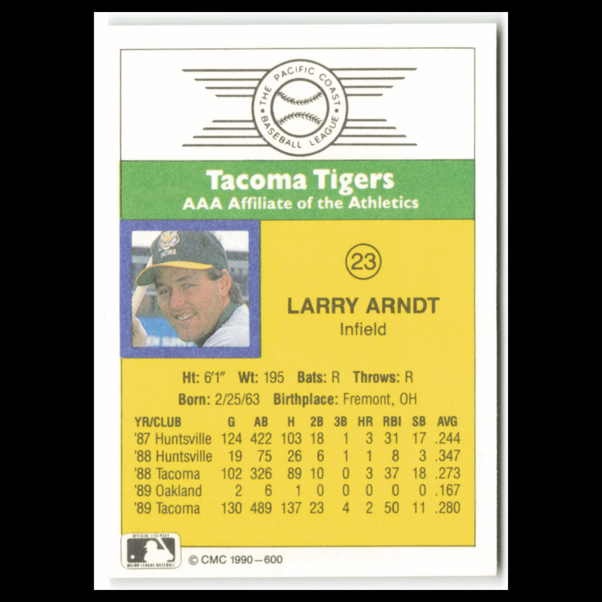 Larry Arndt #23 1990 CMC Pacific Leauge Tacoma Tigers Baseball Card MLB NM