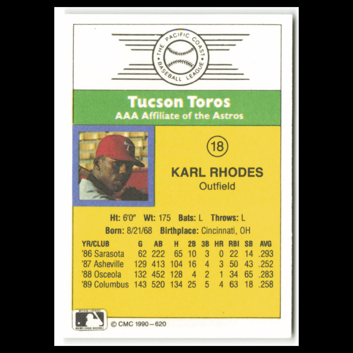 Karl Rhodes #18 1990 CMC Pacific Leauge Tucson Toros Baseball Card MLB NM