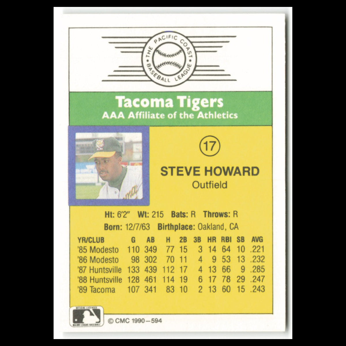 Steve Howard #17 1990 CMC Pacific Leauge Tacoma Tigers Baseball Card MLB NM
