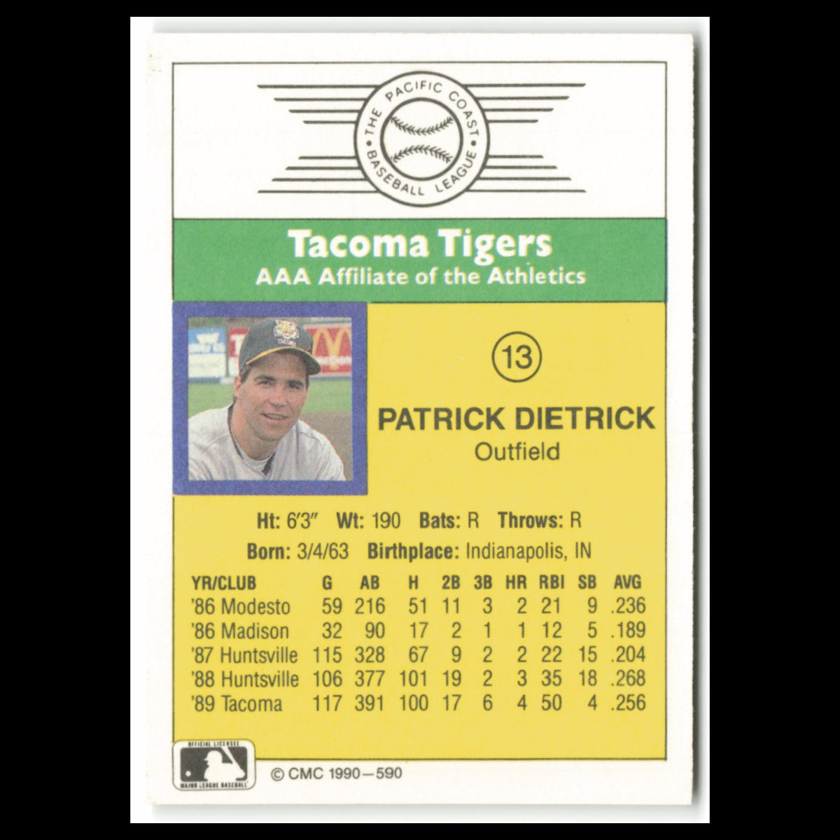Patrick Dietrick #13 1990 CMC Pacific Leauge Tacoma Tigers Baseball Card MLB NM