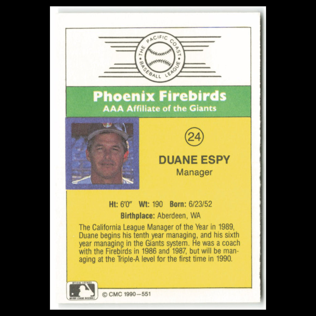Duane Espy #24 1990 CMC Pacific Leauge Phoenix Firebirds Baseball Card MLB NM
