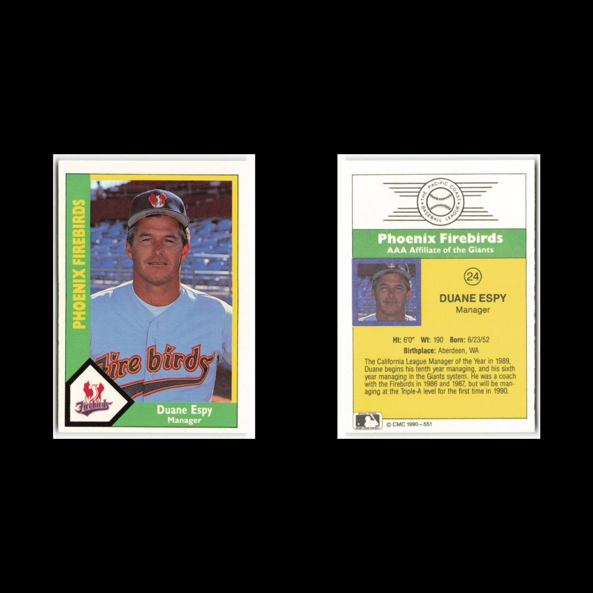 Duane Espy #24 1990 CMC Pacific Leauge Phoenix Firebirds Baseball Card MLB NM