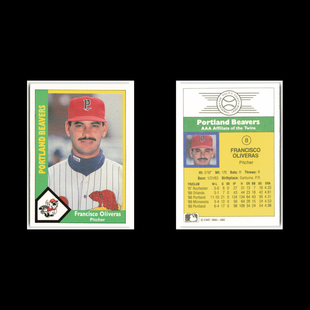 Francisco Oliveras #8 1990 CMC Pacific Leauge Portland beavers Baseball Card MLB